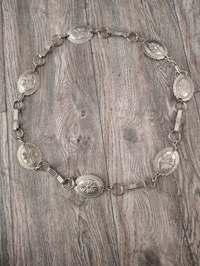 Vintage Silver Tone Concho Belt Western Boho Stamped Oval Link Adjustable